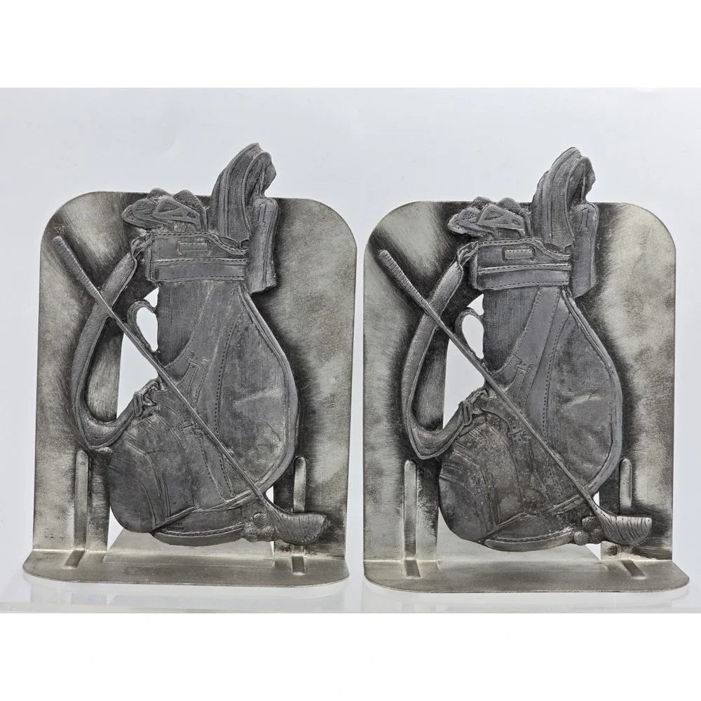 2 Lot Of VINTAGE Detailed Pewter Golf Bag & Clubs -‎ Bookends Silver Tone 6